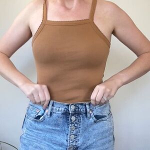 Bp Picot Trim Cotton Blend Rib Bodysuit Tan Brown XS